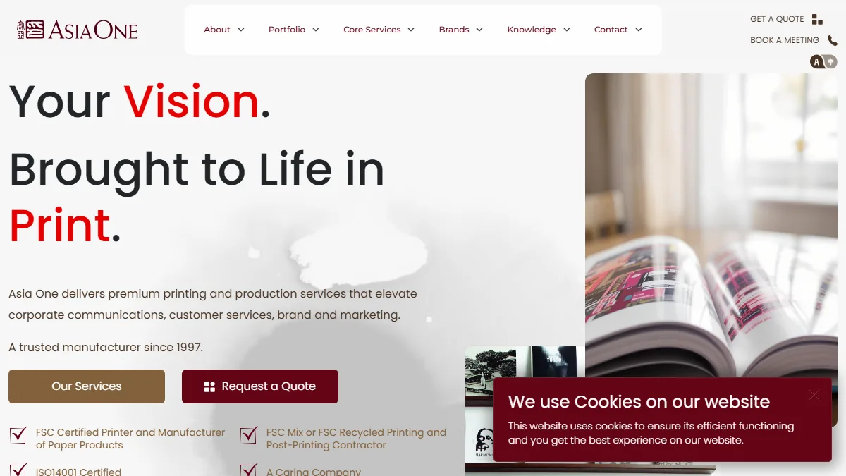 Asia One official website homepage for book manufacturing in China