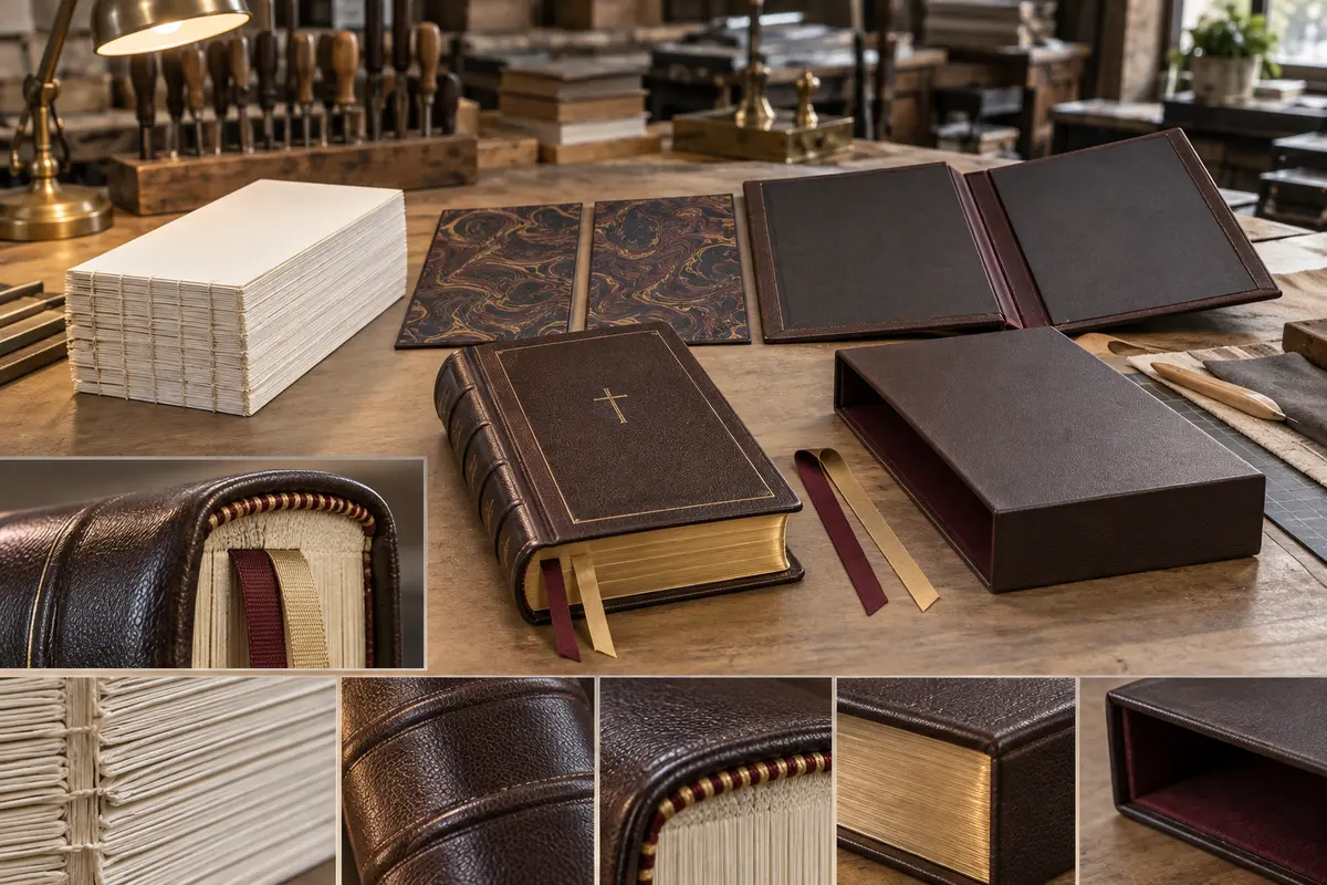 Premium hardcover Bible binding quality control with sewn signatures, rounded spine, headbands, ribbons and slipcase