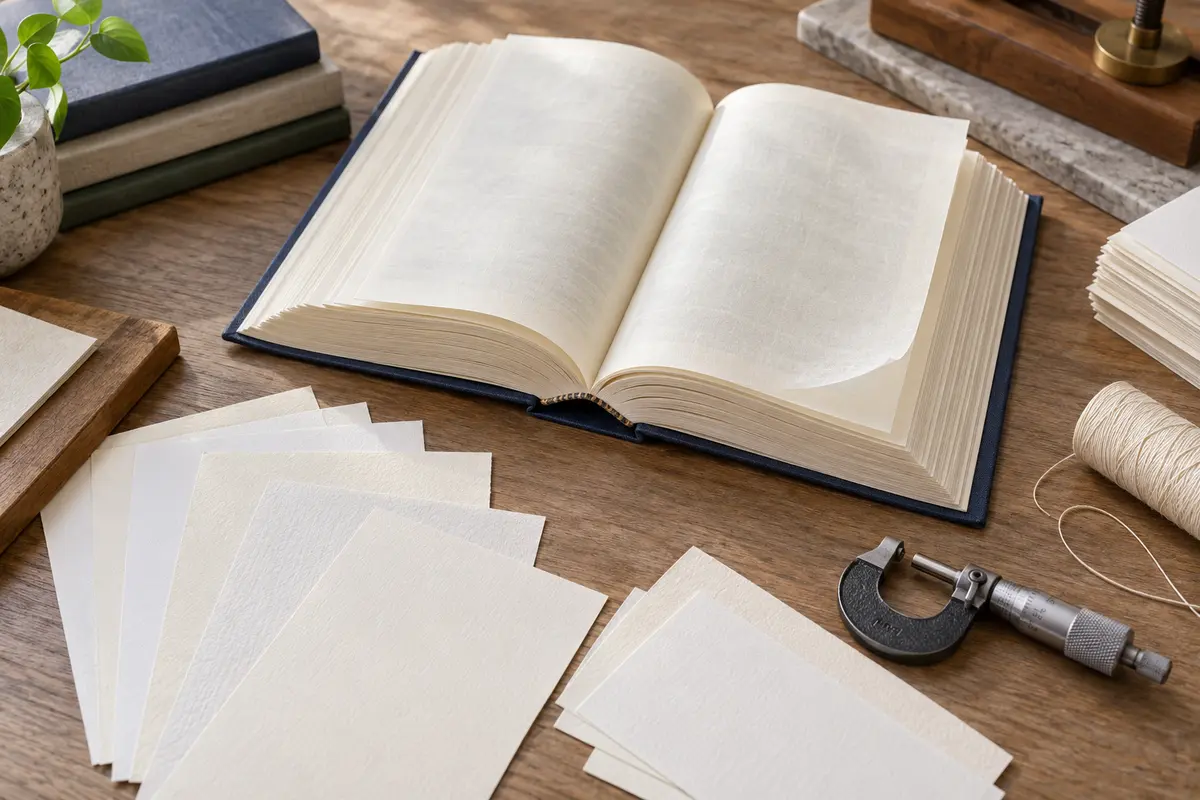 Thin white and ivory Bible paper samples beside an open sewn hardcover book