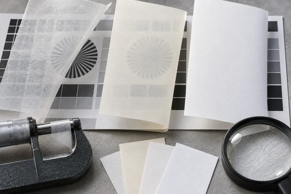 Bible paper opacity and thickness comparison with micrometer, magnifier and print test pattern