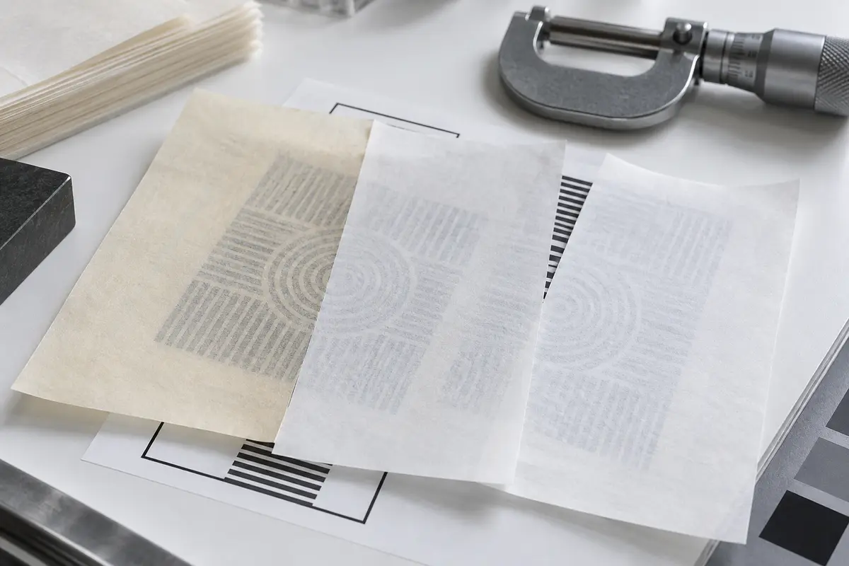 Bible paper opacity comparison over a geometric print test pattern with a micrometer