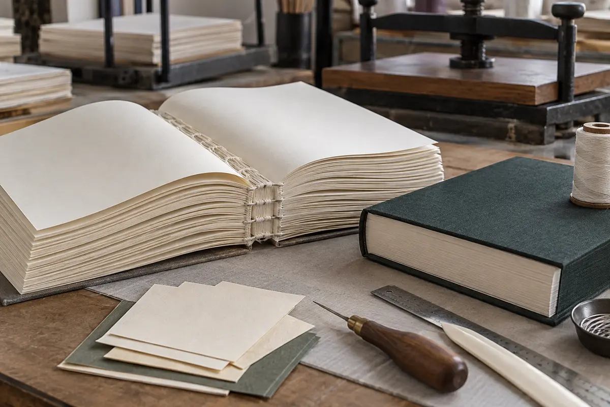 Sewn signatures made from thin ivory Bible paper during hardcover binding quality control