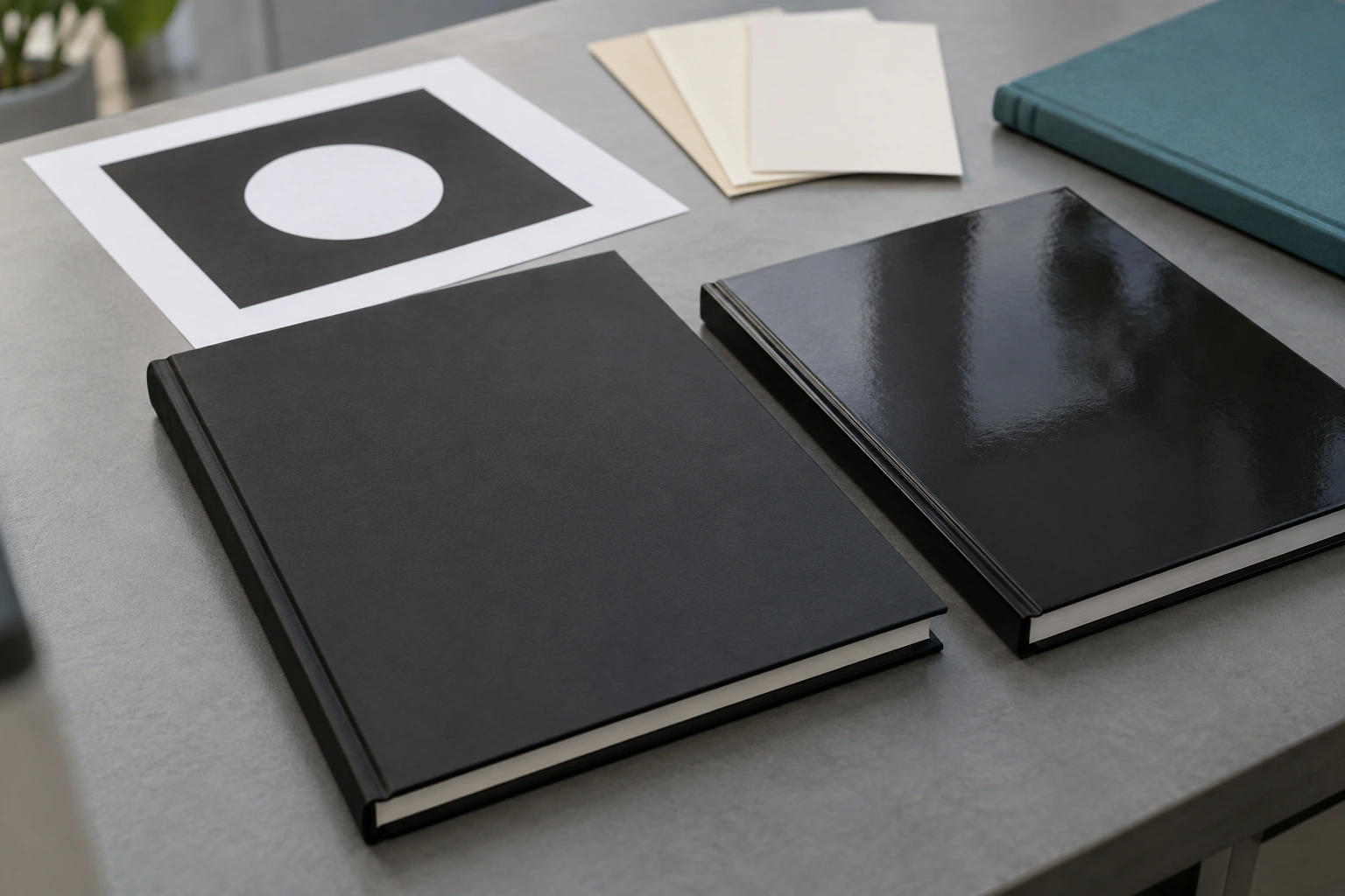Black hardcover and cover finish samples beside a black printed panel with a white geometric knockout