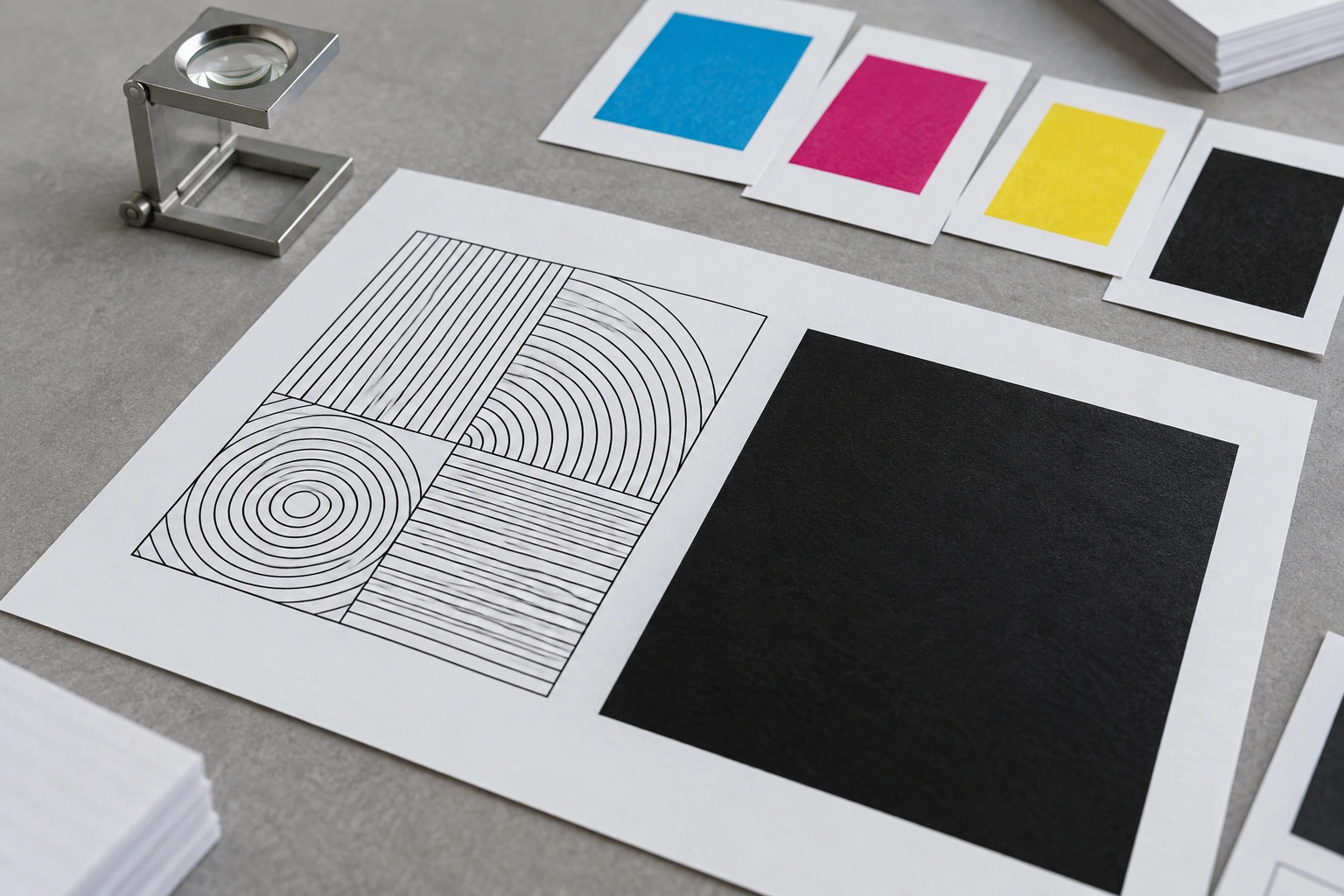 White print sample with black fine linework and a solid black panel beside color swatches and a printer loupe