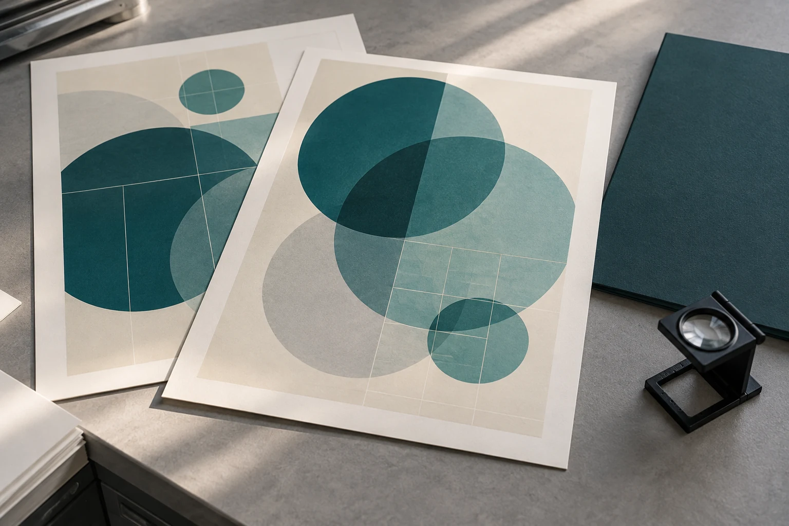 Overlapping teal geometric shapes on cream proof sheets beside a plain book cover and loupe
