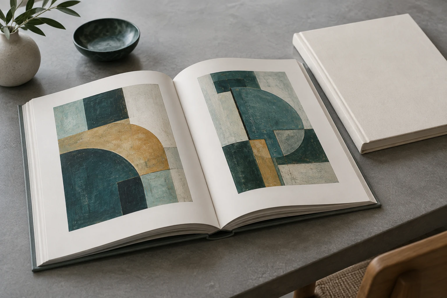 Open hardcover art book with geometric artwork, generous cream inner margins, and a nearby book dummy