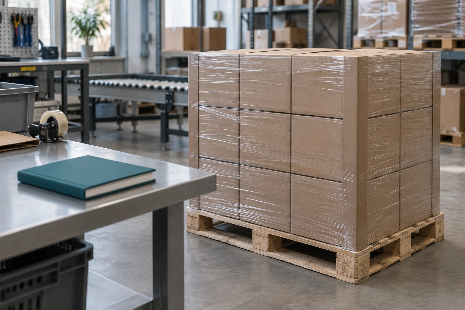 Sealed corrugated book cartons secured on a pallet with edge boards and transparent stretch film