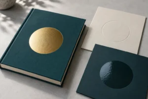 Book cover finishing artwork samples with gold foil, an ivory relief circle and glossy varnish on teal