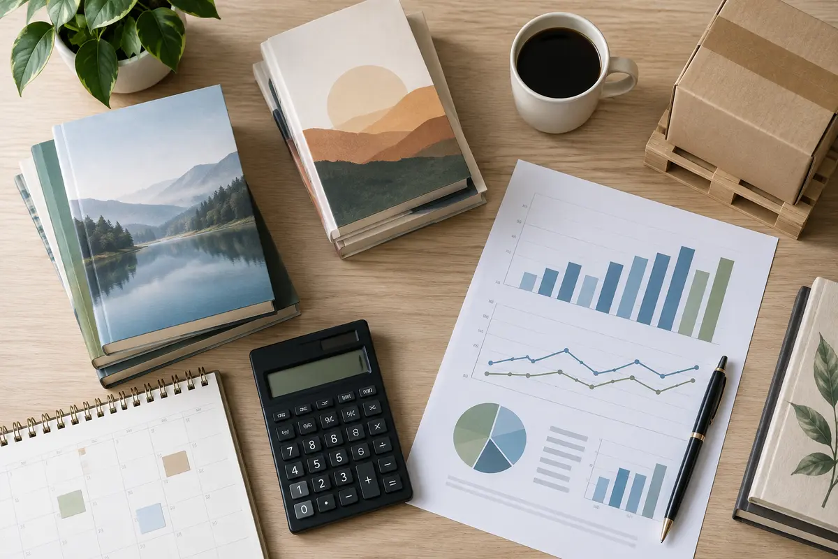 Book demand forecasting charts, calculator and sample inventory on a publisher desk