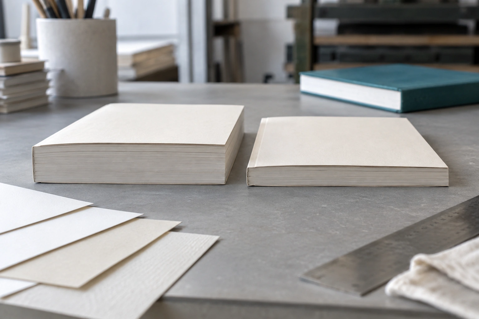 Two plain cream book dummies with different book-block thicknesses beside paper samples