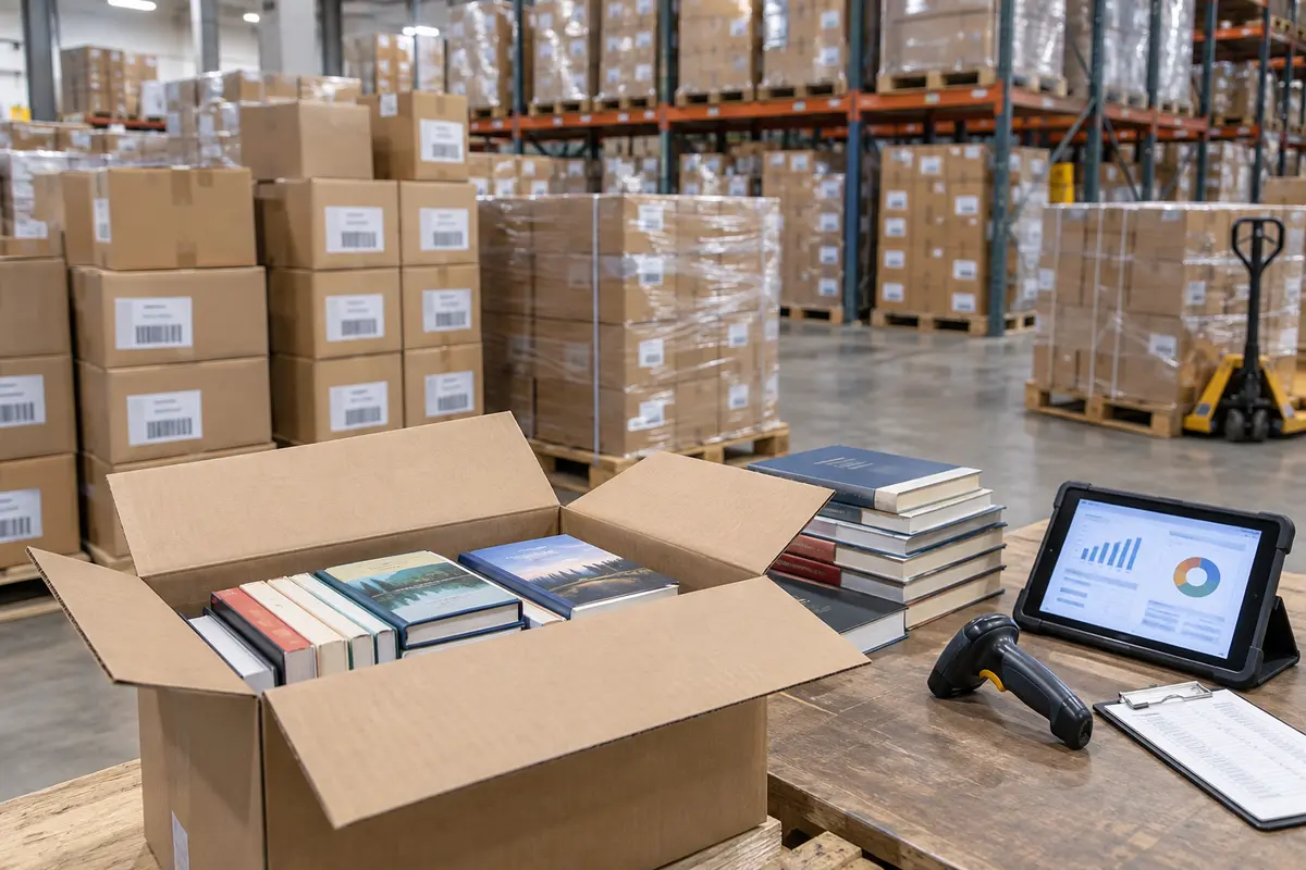 Book inventory receiving and warehouse control with cartons, pallets and barcode scanner