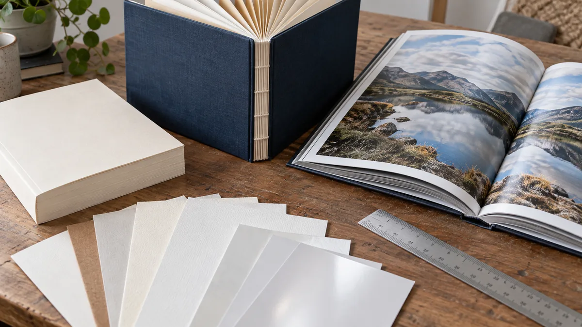 Paper and binding samples for comparing book manufacturers in UK — AI illustration