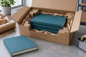 Teal hardcover books in a corrugated shipping carton with corner protection and kraft cushioning