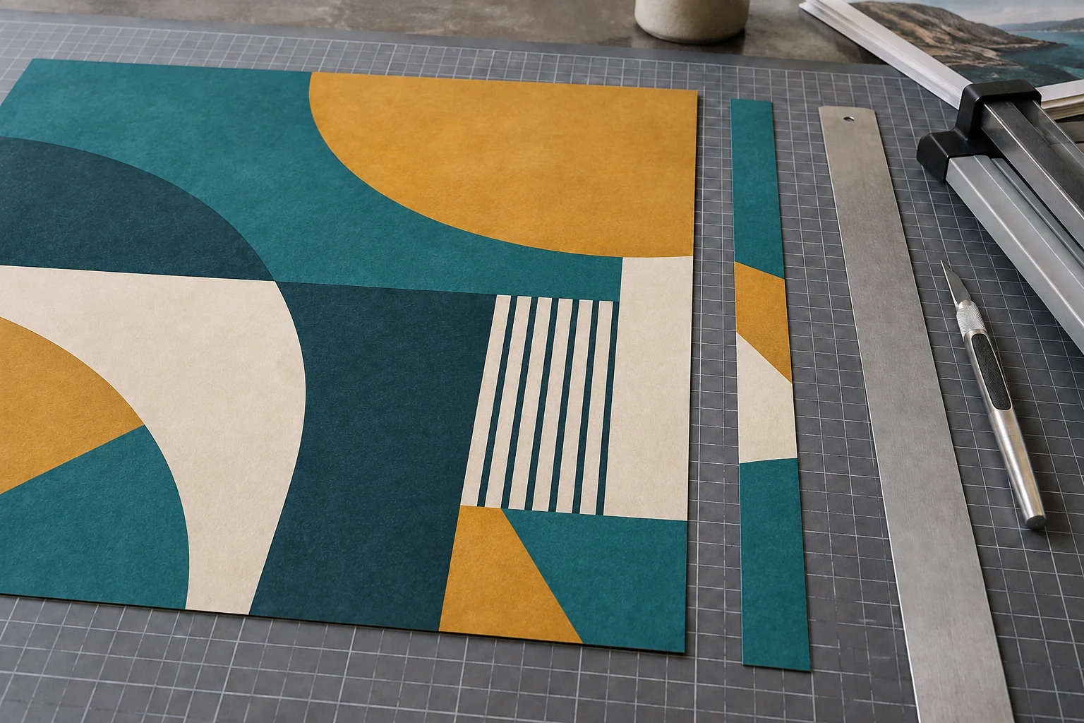 Full-color geometric book page proof, paper offcut, and straightedge on a trimming worktable