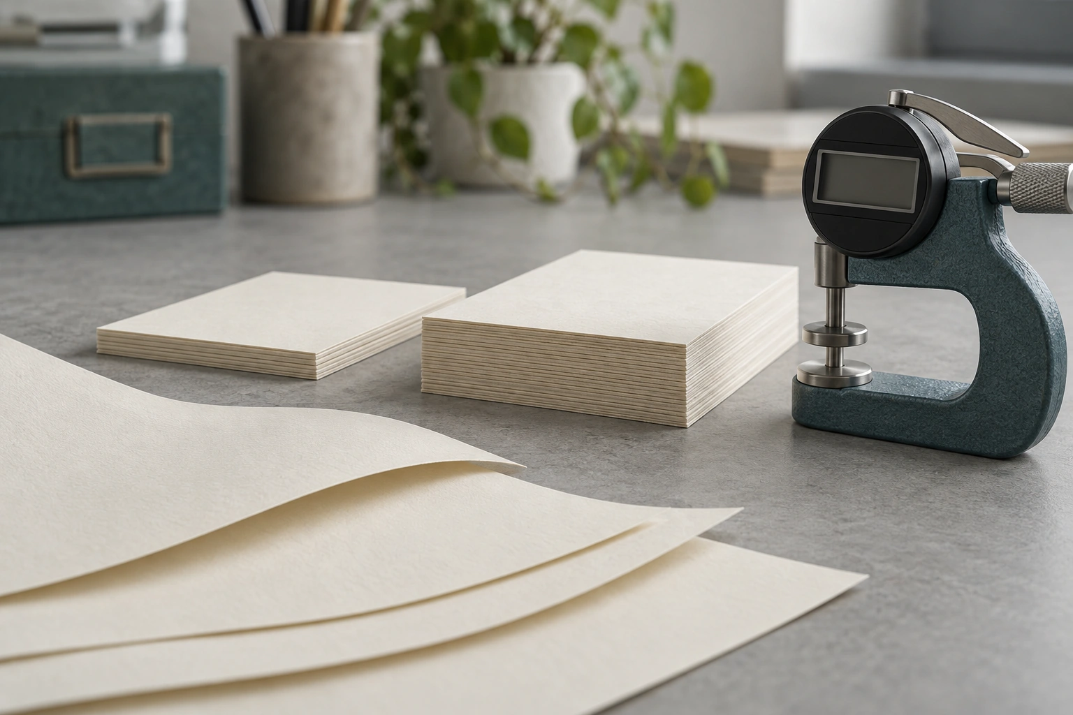 Cream paper stacks of different heights beside a paper thickness micrometer on an inspection table