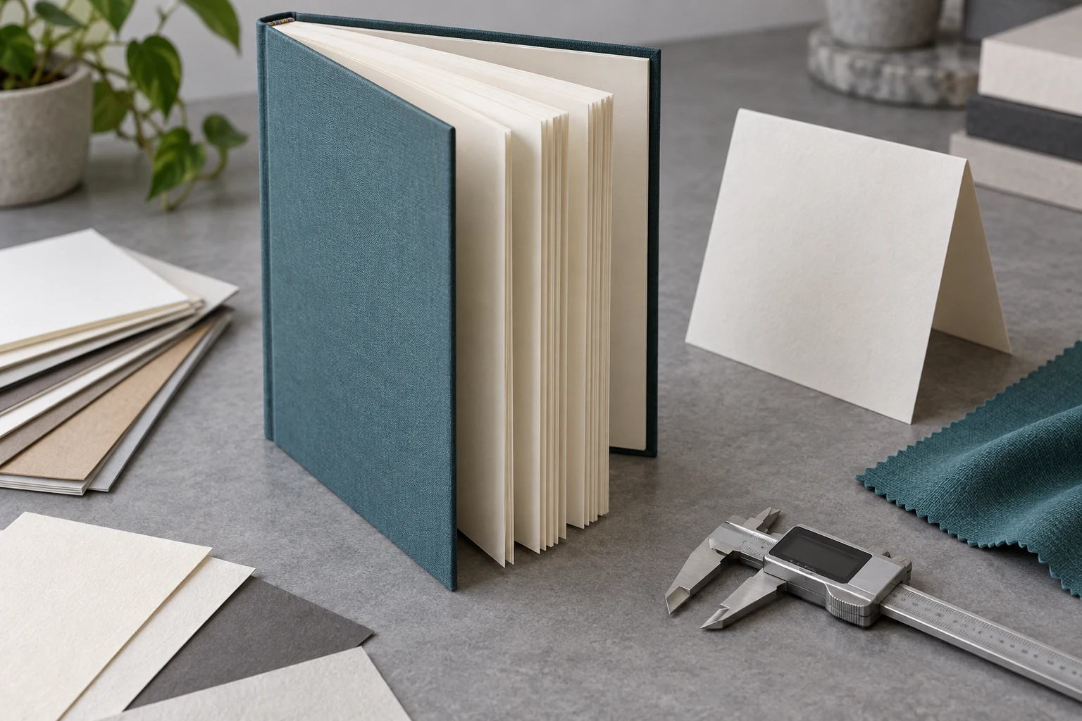 Unprinted hardcover book dummy, paper swatches, folded cover sample, and caliper on a worktable