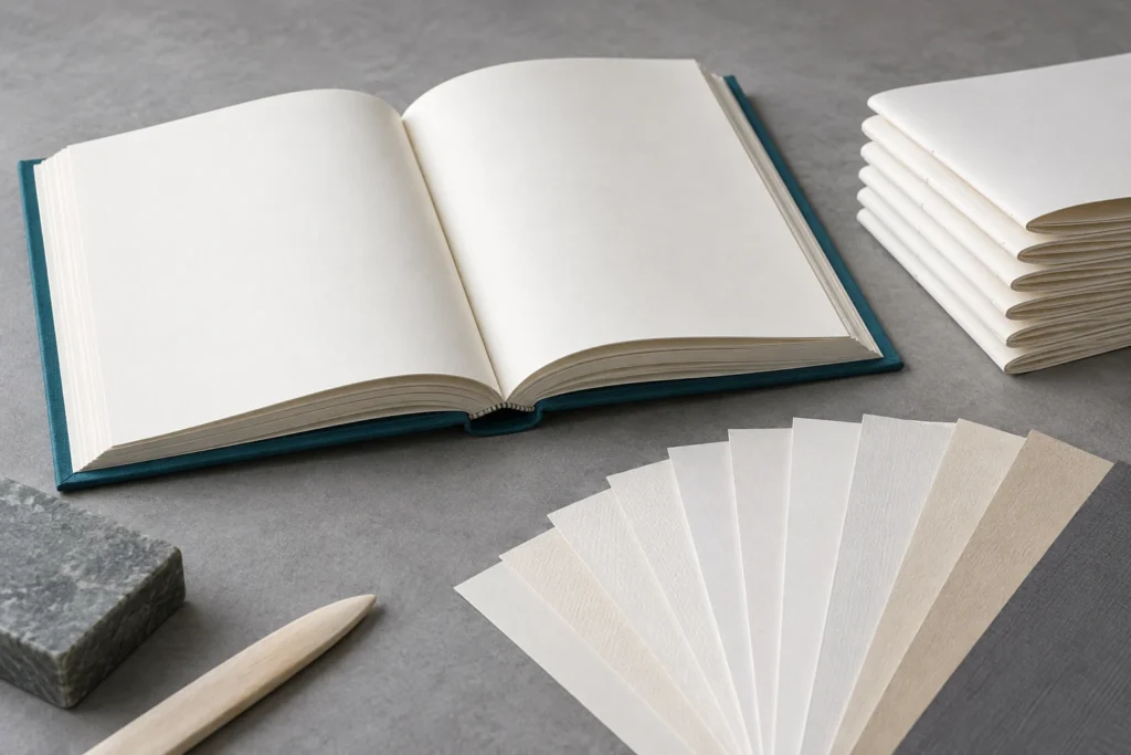 Open hardcover book, folded signatures, and paper swatches for reviewing book paper grain direction