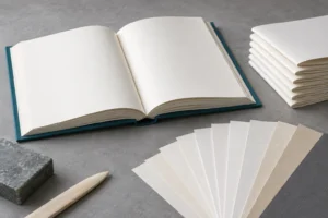 Open hardcover book, folded signatures, and paper swatches for reviewing book paper grain direction