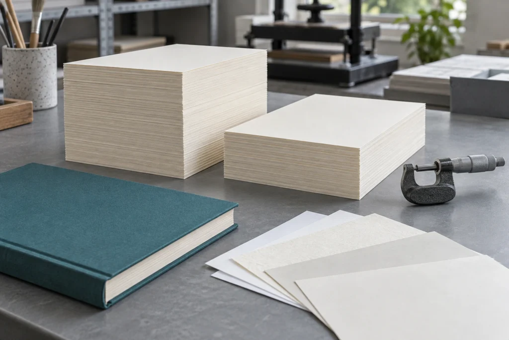 Book paper thickness review with cream paper stacks, swatches, a teal hardcover, and a micrometer