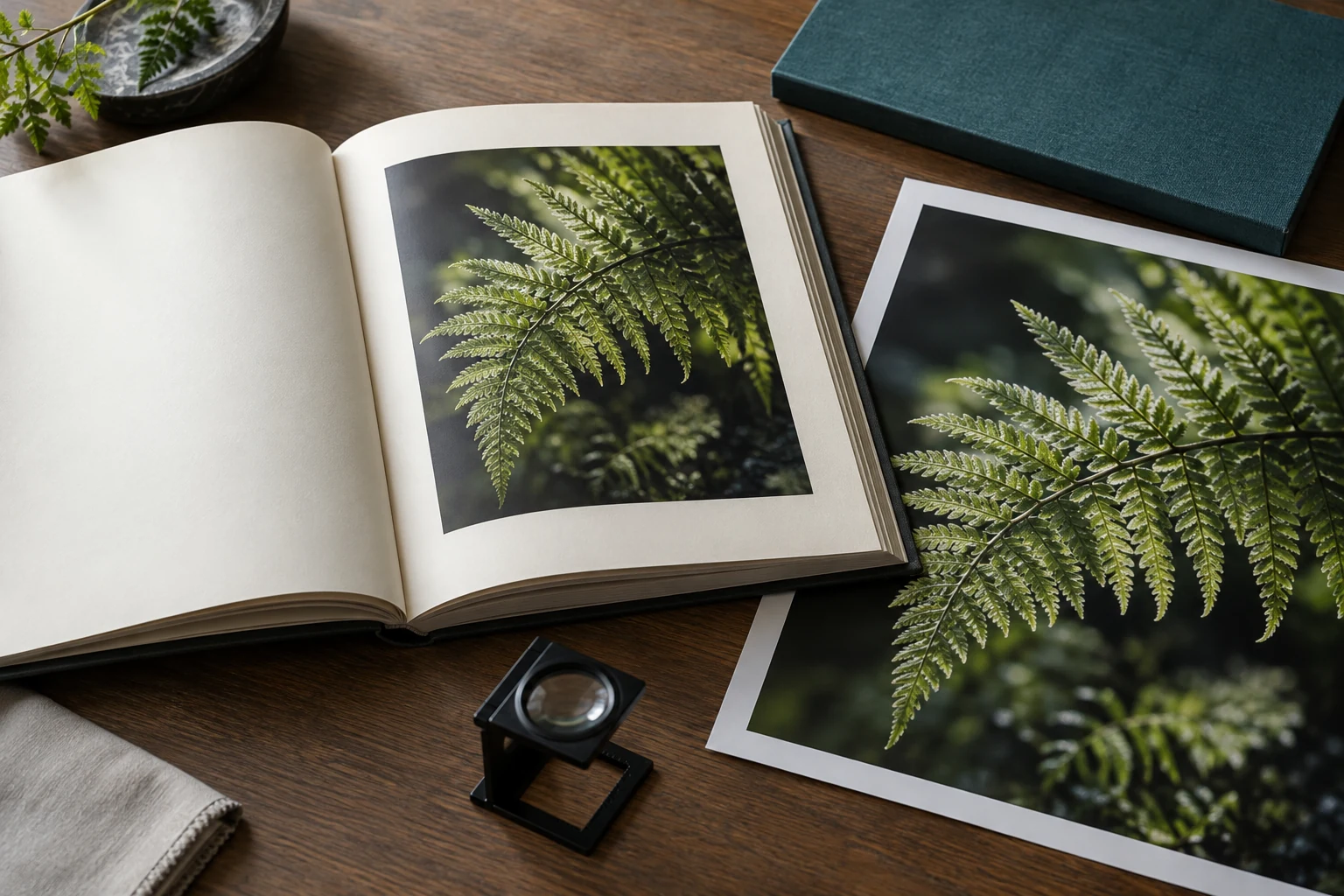 Botanical photo book and larger fern print beside a printer loupe and teal cover