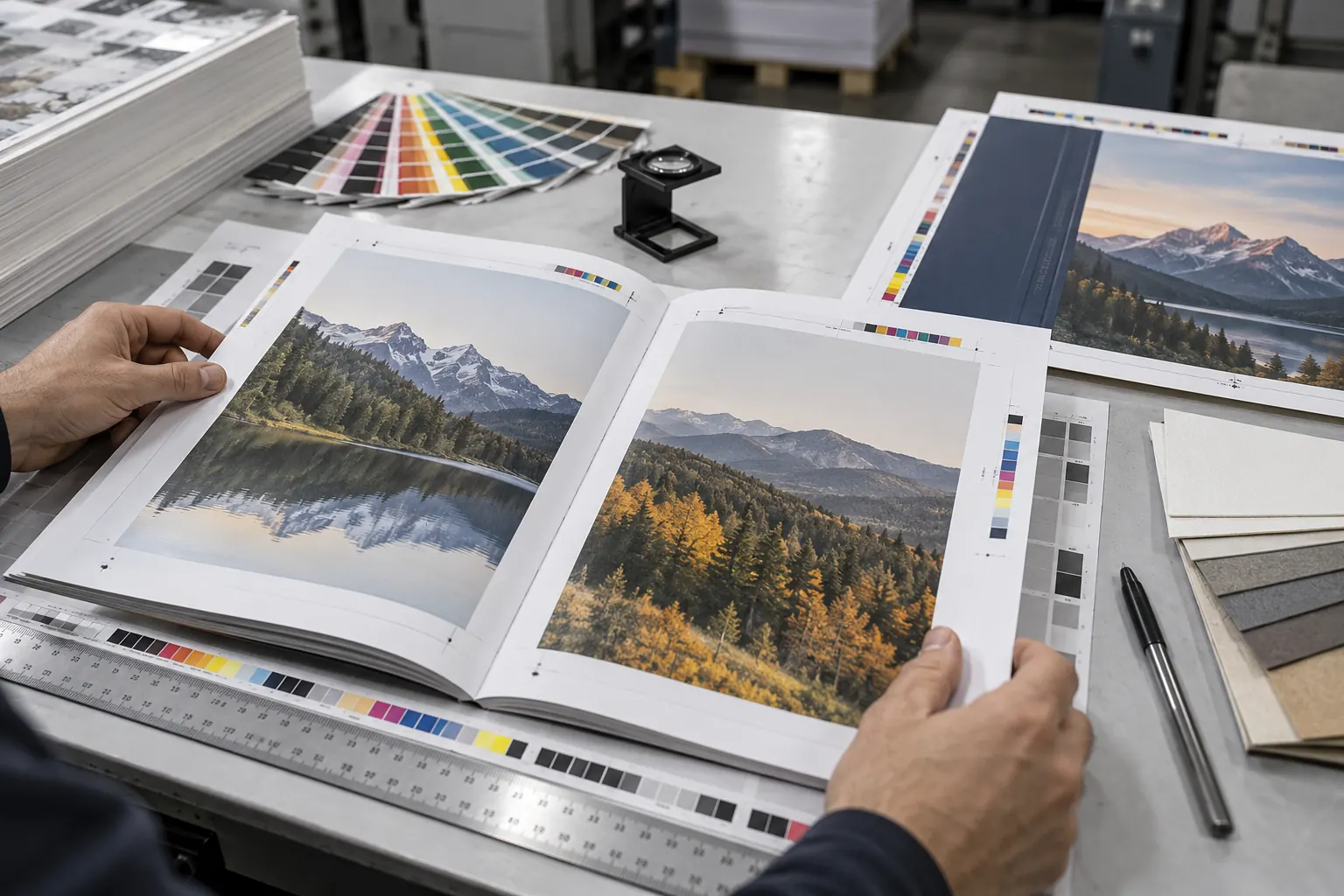 Book printing prepress proof check with bleed color bars ruler and paper samples