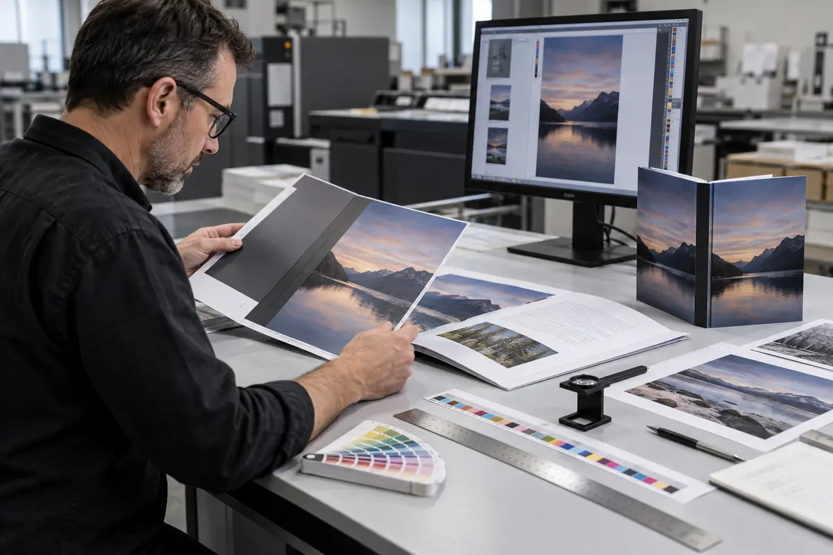 Prepress technician reviewing book proofs, color bars and cover files