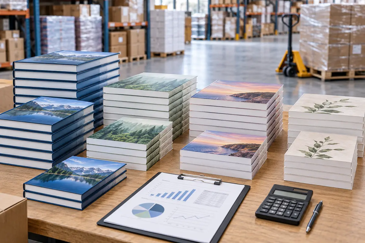 Book print run planning with finished books, forecast charts and warehouse inventory