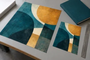 Full-bleed geometric book printing sheets beside a teal hardcover and metal straightedge