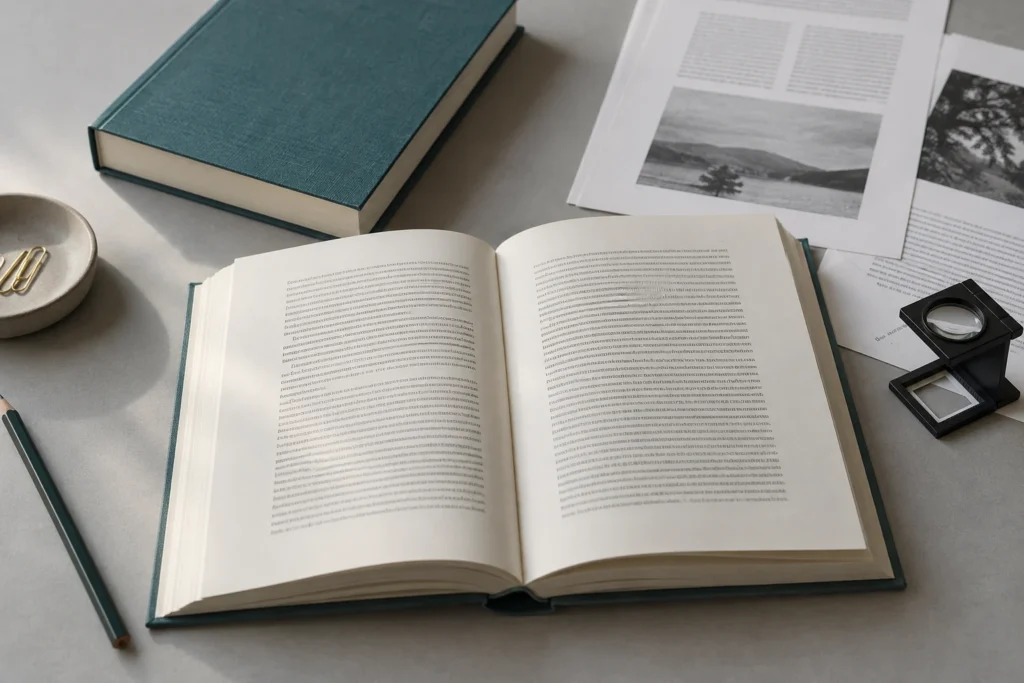 Book printing font embedding review with an open text book, loose proof pages, teal hardcover and loupe