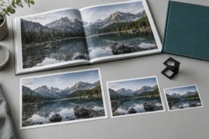 Book printing image resolution review with a mountain photography book, loose prints of different sizes and a loupe