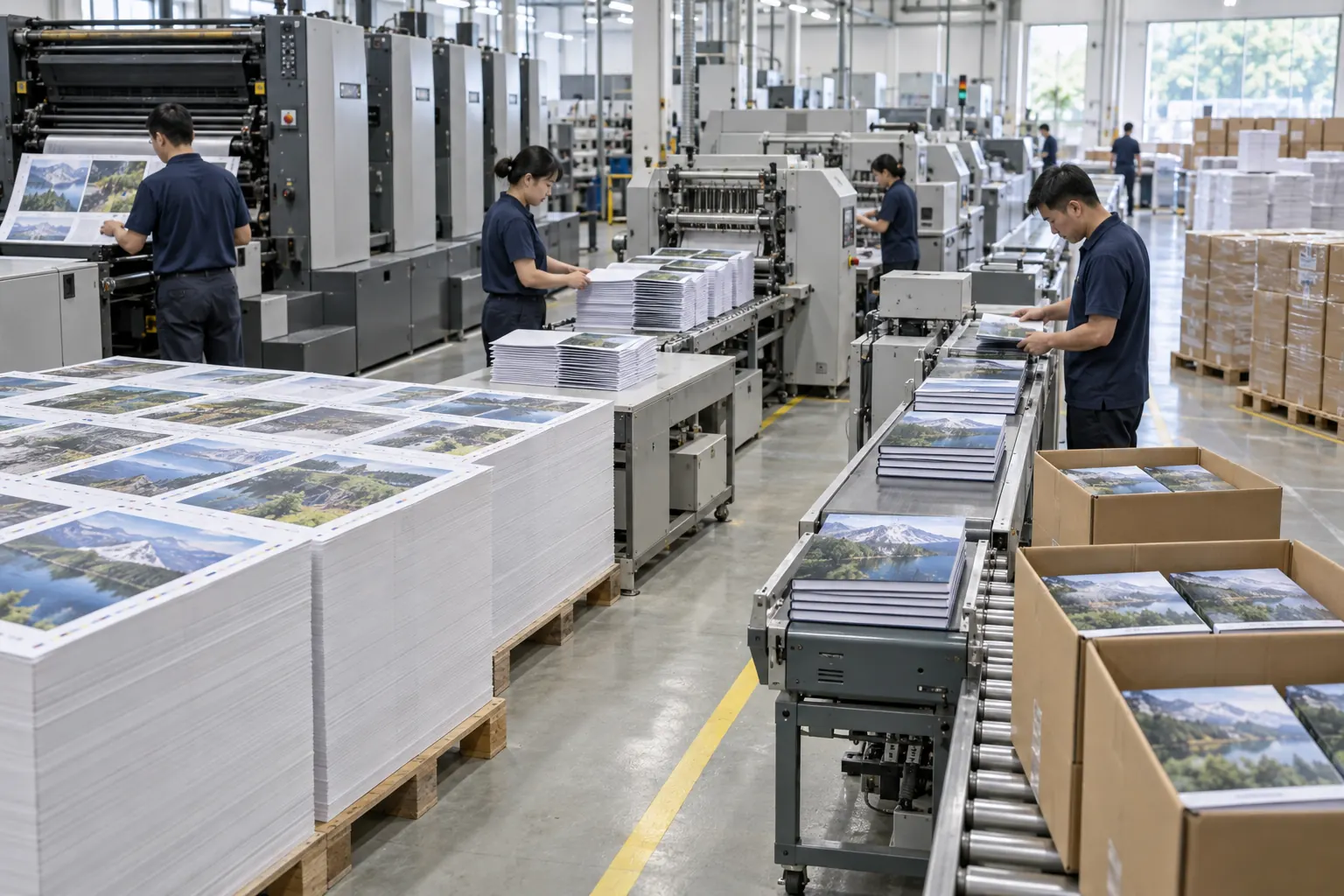 Commercial book printing production with printed sheets binding finished books and cartons