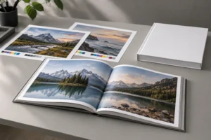 Book printing proofs beside an open photography book and a white hardcover dummy