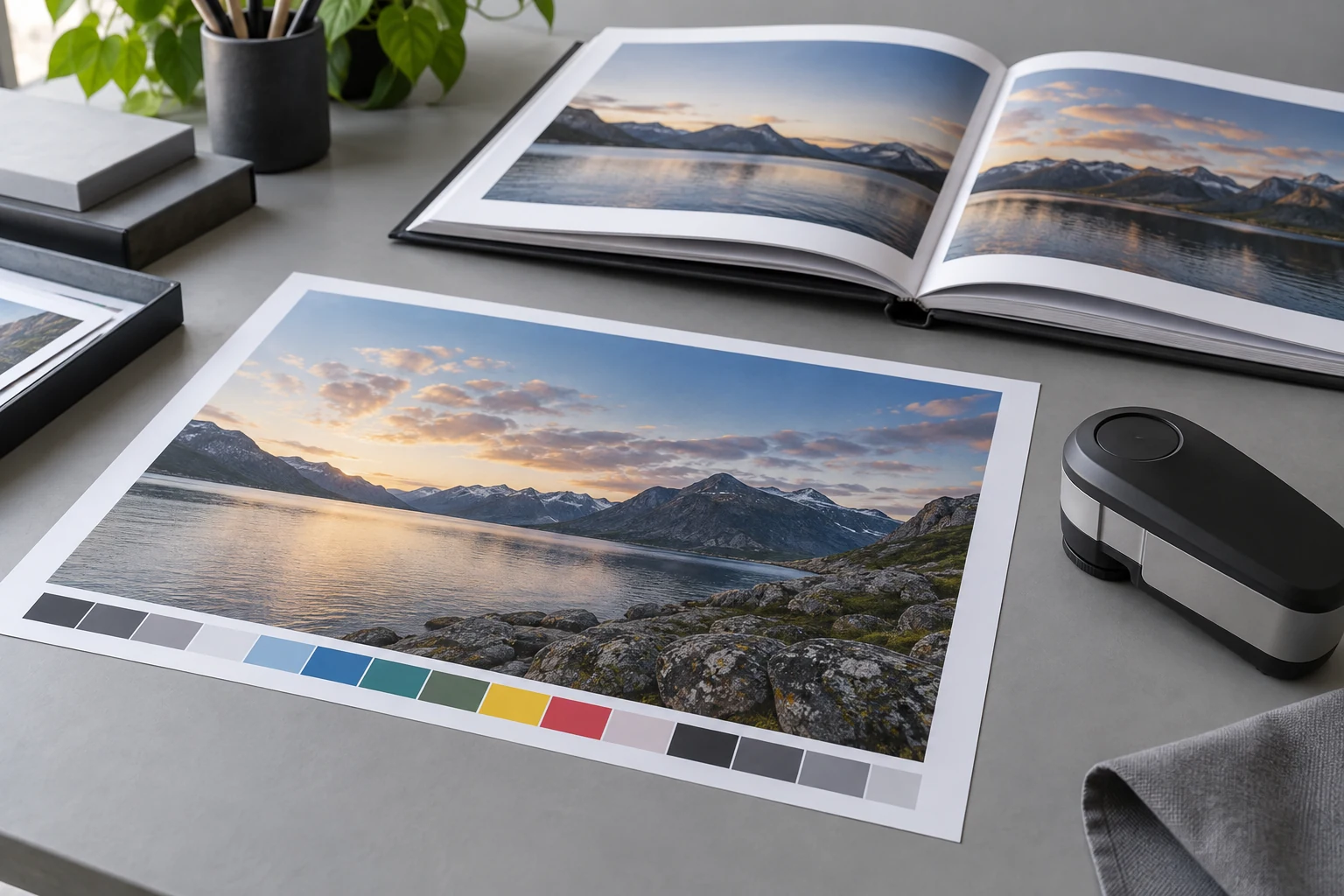 Handheld color measuring instrument beside a printed book proof and an open bound sample