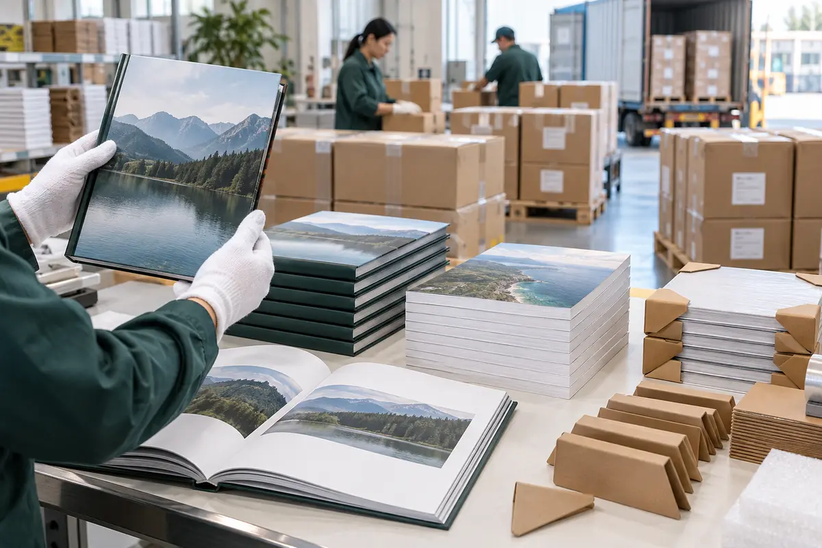 Finished books undergoing final quality inspection before protective packing and shipment