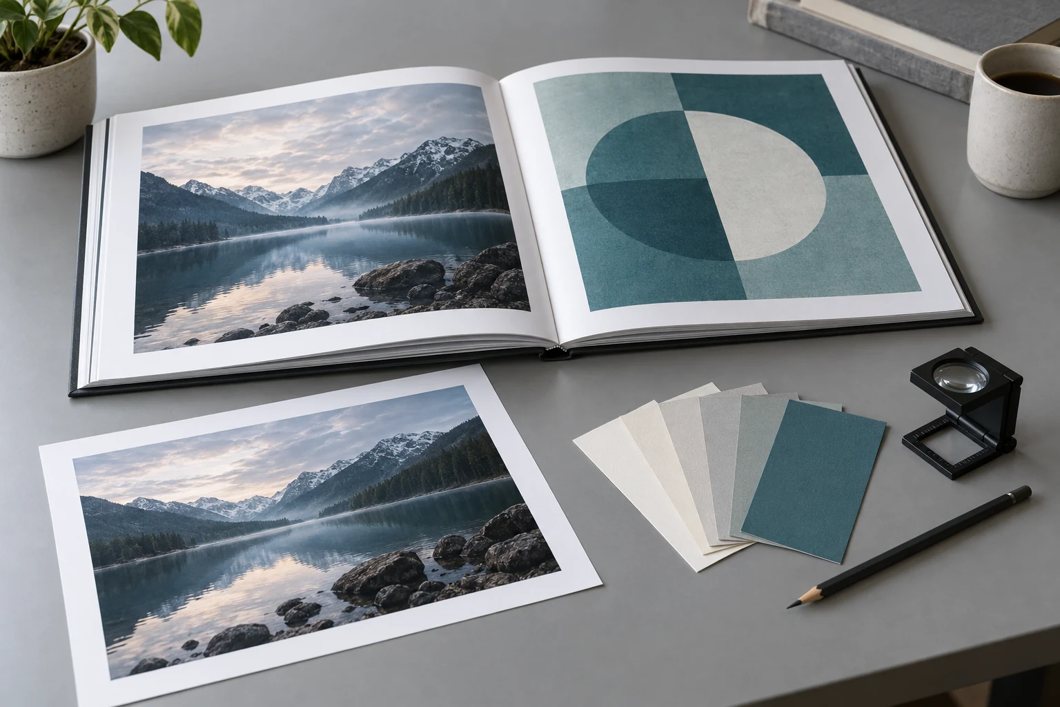 Open landscape art book beside a photographic proof sheet and teal and cream paper samples