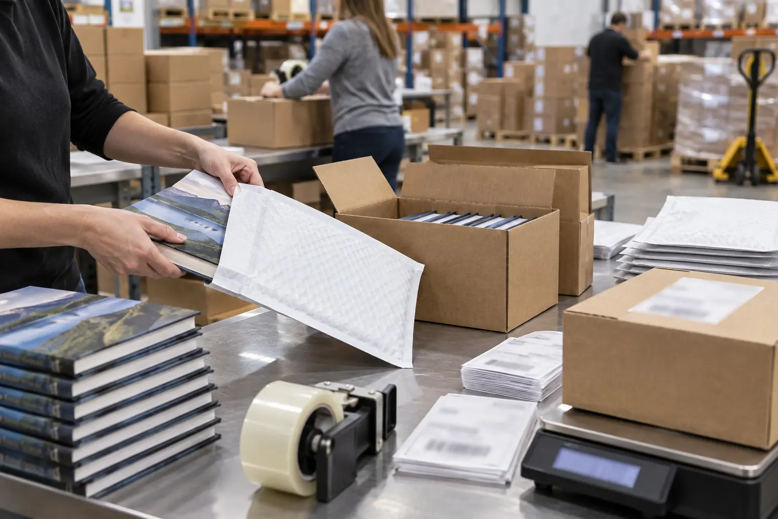 Crowdfunding book rewards packed in protective mailers at a fulfillment warehouse