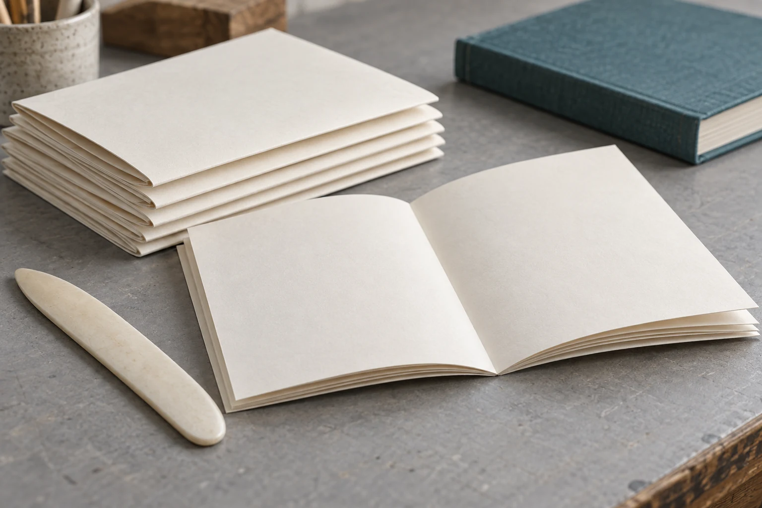 Folded cream paper signatures and a bone folder on a bindery worktable