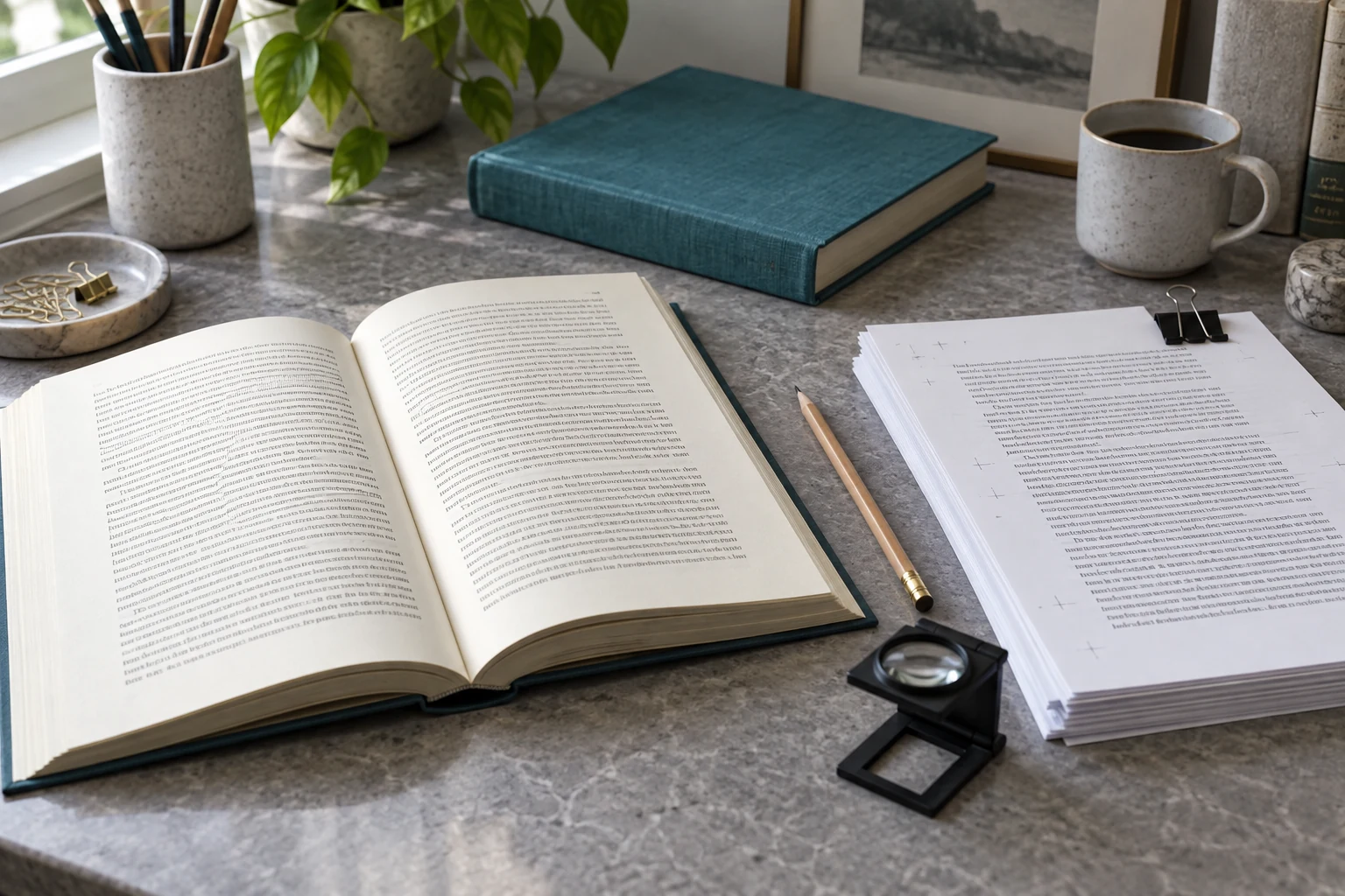 Open text book and clipped proof pages beside a pencil, loupe and teal hardcover