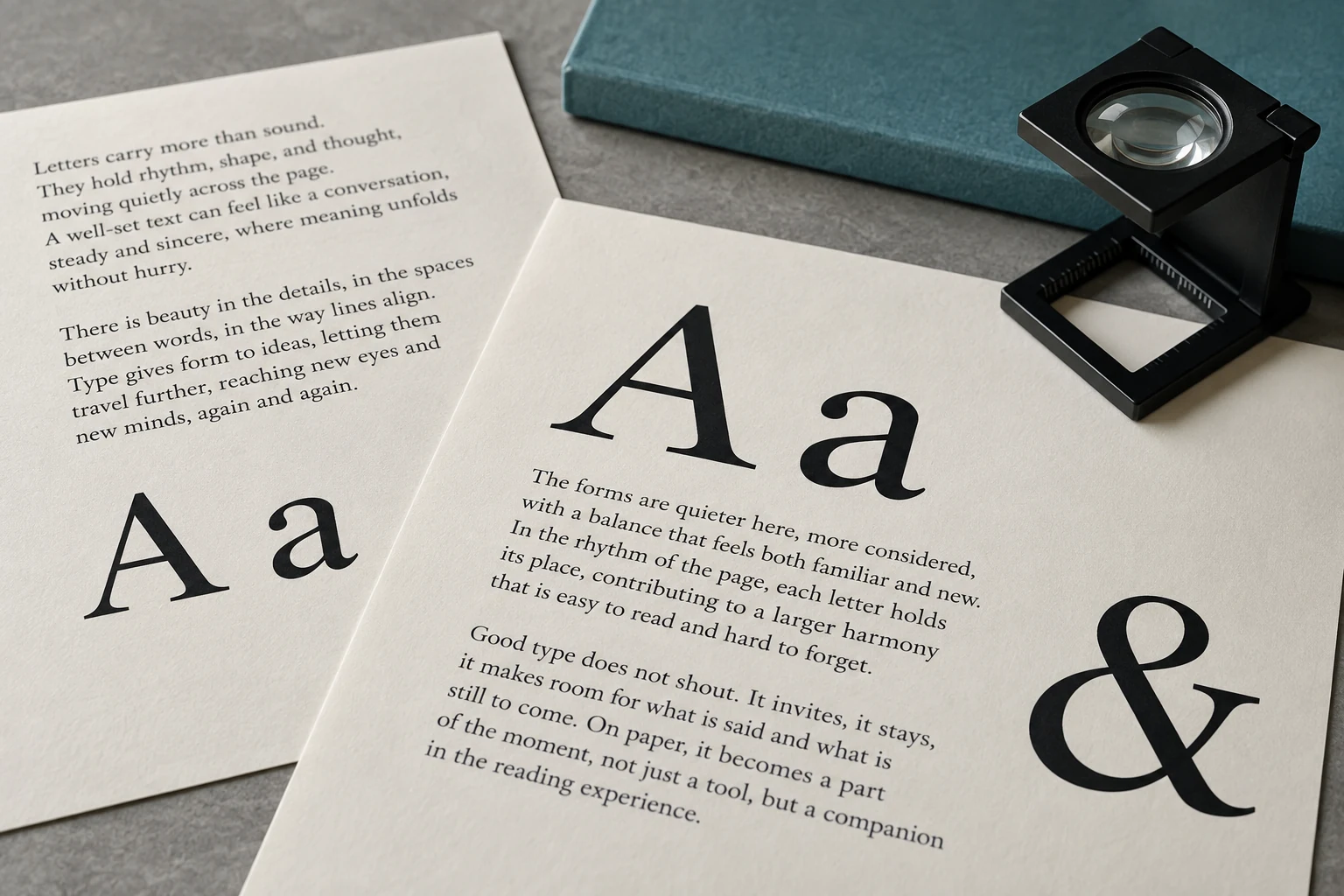 Serif typography proof sheets with large A and a letters, an ampersand and a printer loupe