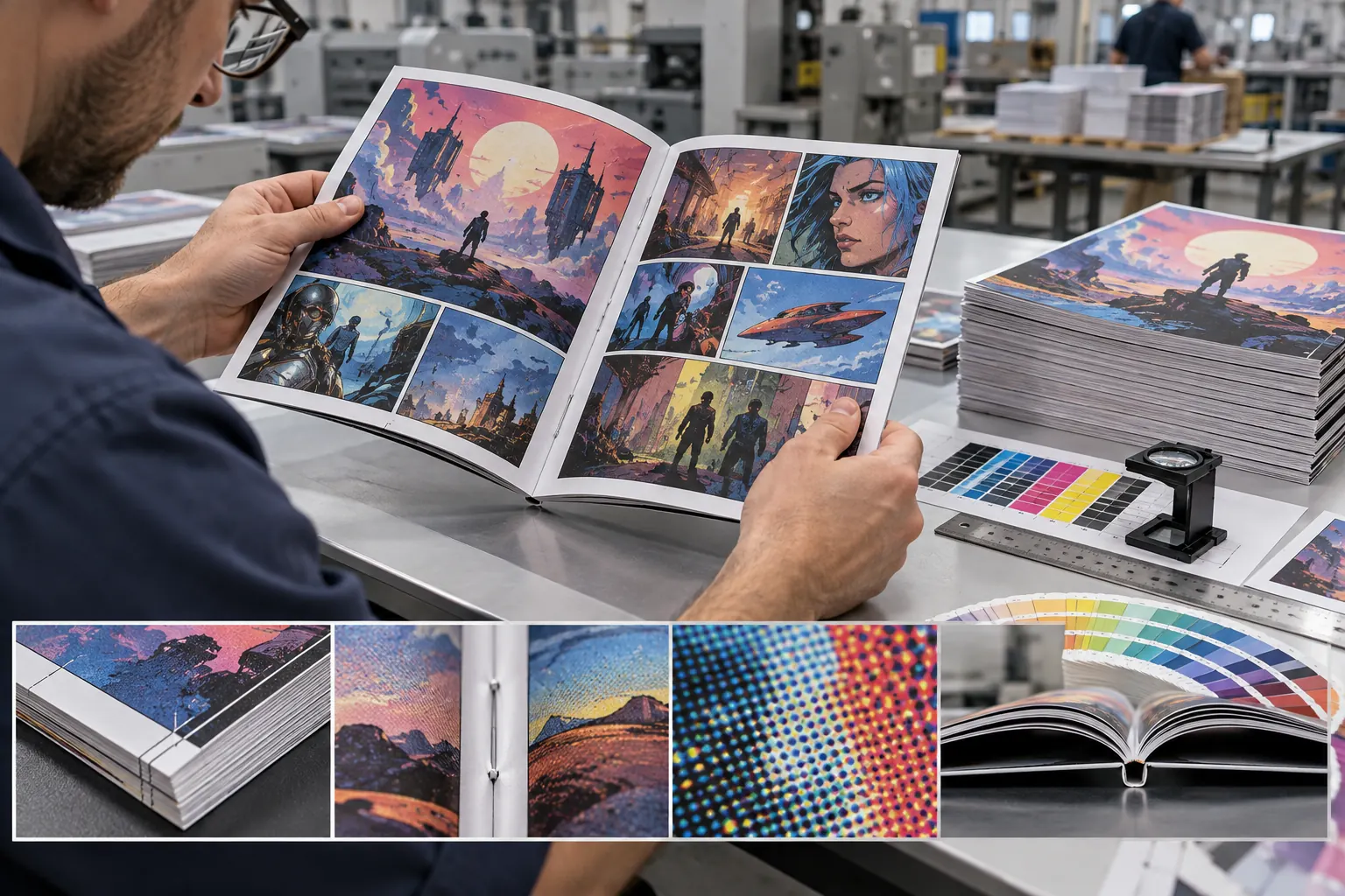Comic book printing quality control checking trim gutter saddle stitching color registration and spine