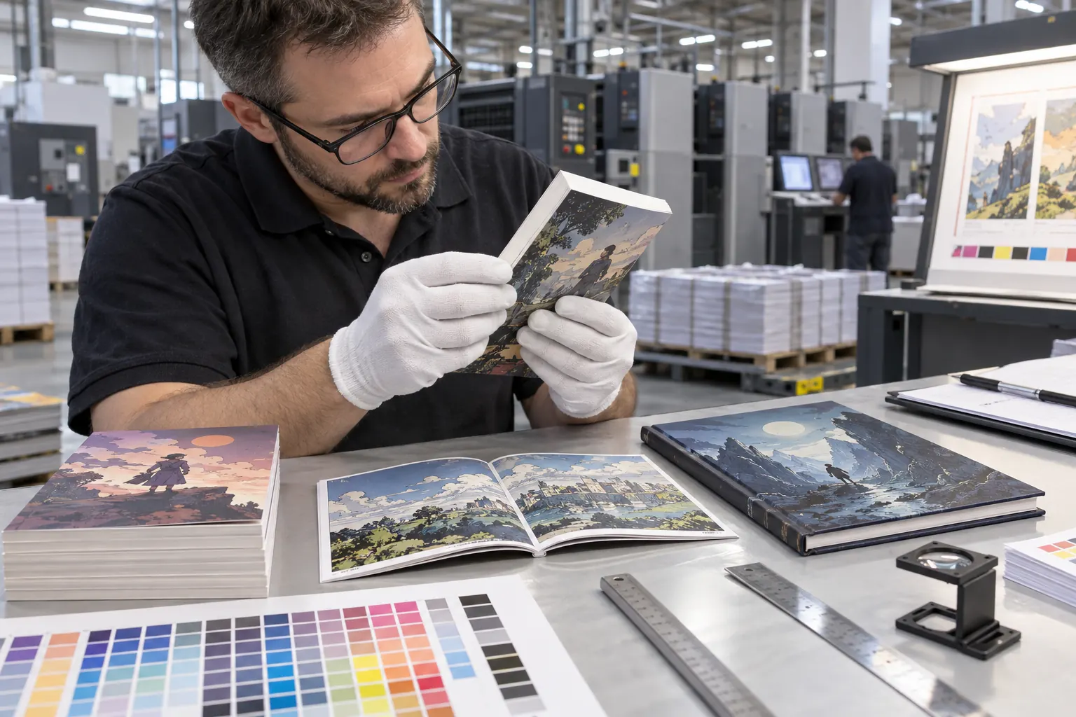 Printing technician inspecting comic and graphic novel binding color and trim quality