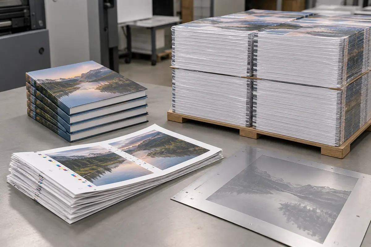 Small digital book batch compared with a large offset book print run and printing plate