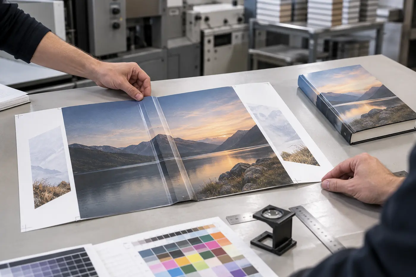 Print technician checking dust jacket folds, spine alignment, color, and trim