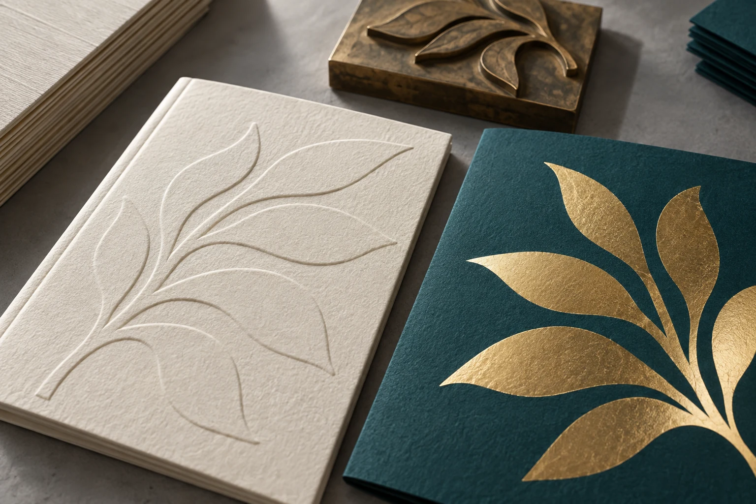 Ivory blind relief leaf artwork beside gold foil leaves on teal cover paper and a brass stamping die