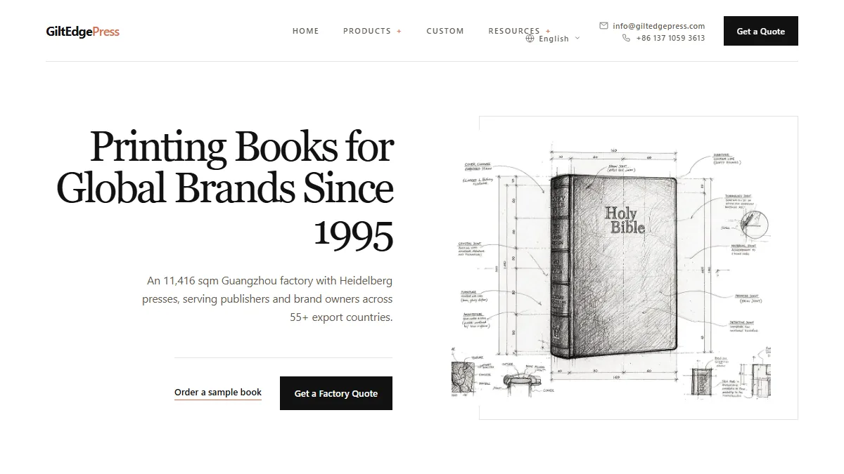 GiltEdgePress official website homepage for book manufacturing in China