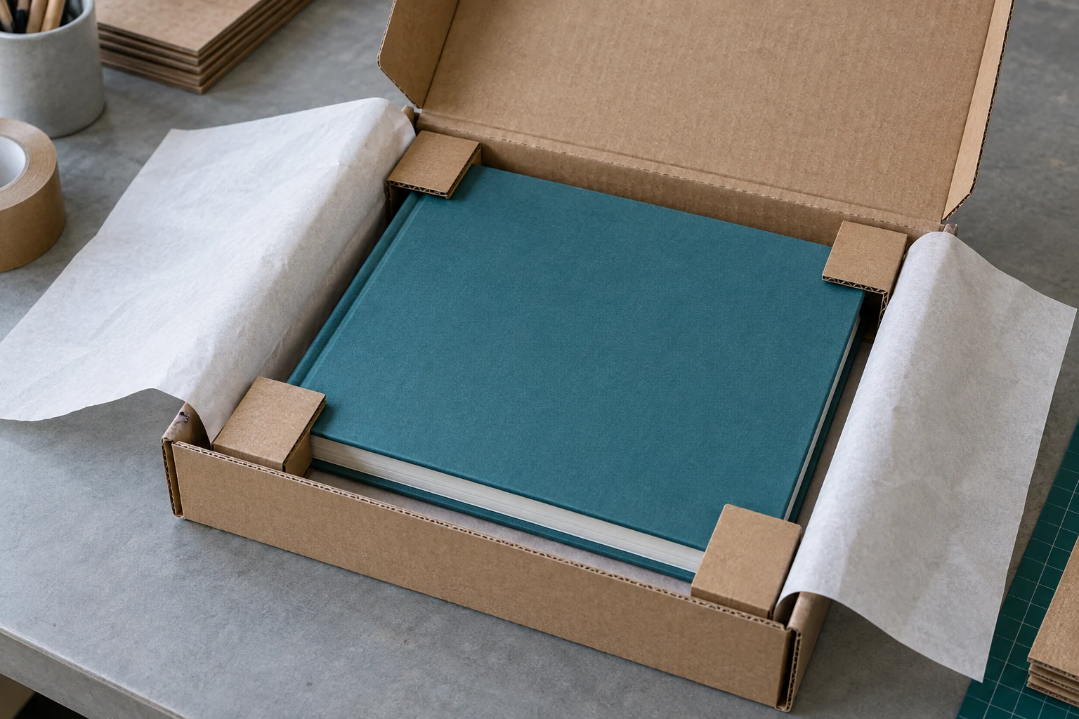 Teal hardcover book in a fitted corrugated shipping mailer with end buffers and protective tissue