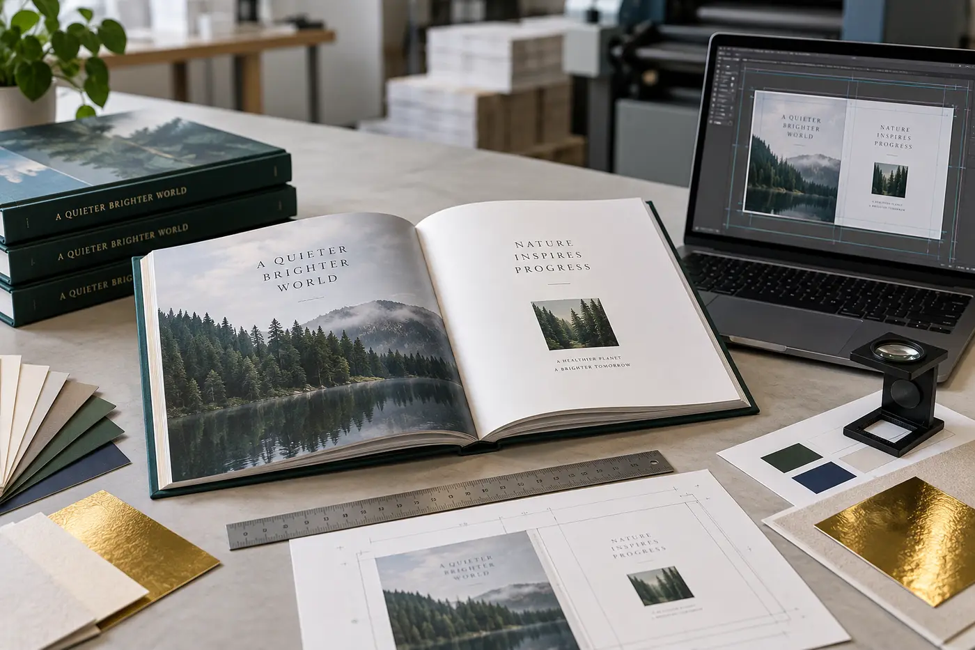 Hardcover book design mistakes being checked with a cover template, ruler, paper swatches, and foil samples