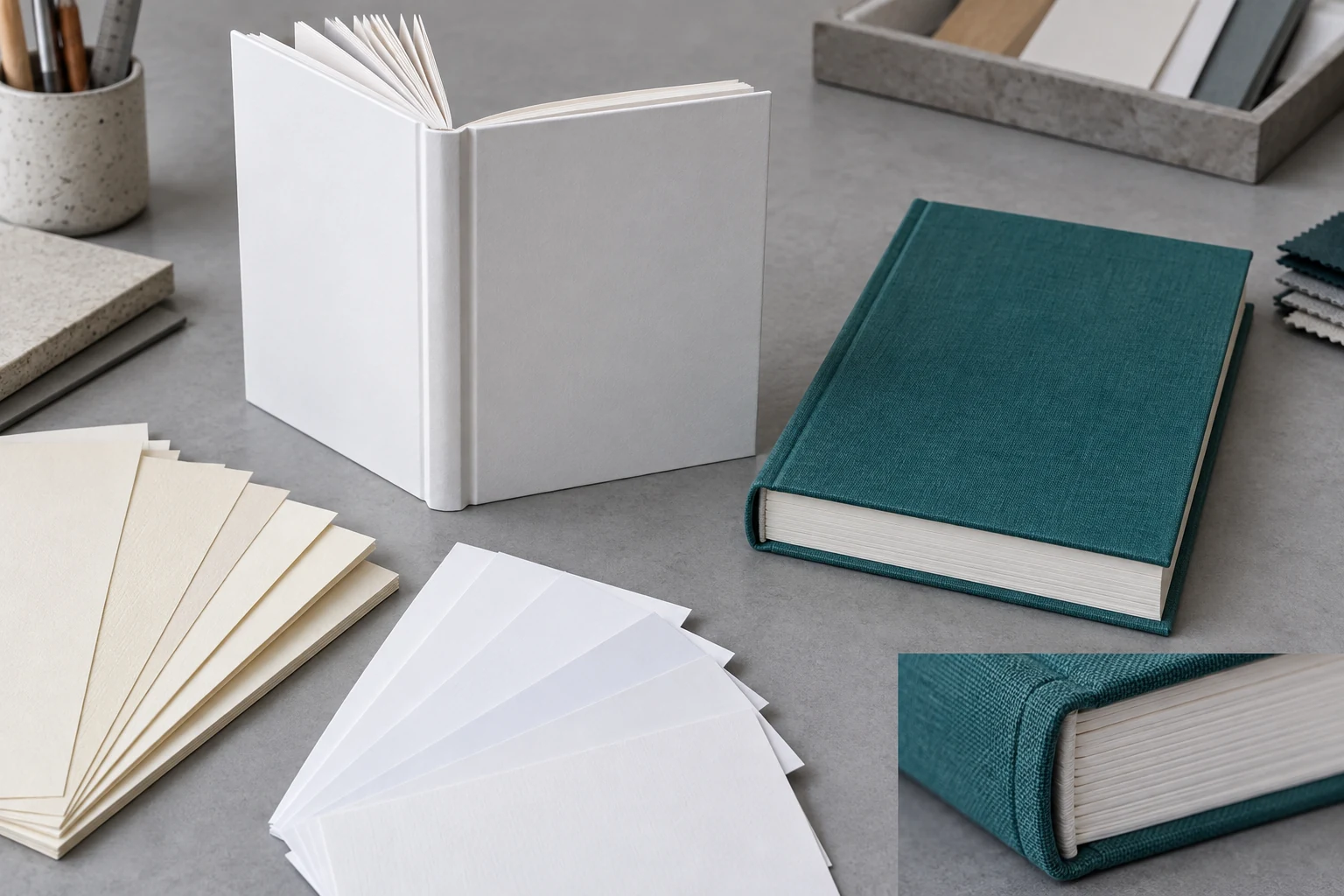 White hardcover book dummy, teal bound book, and paper swatches for checking book construction