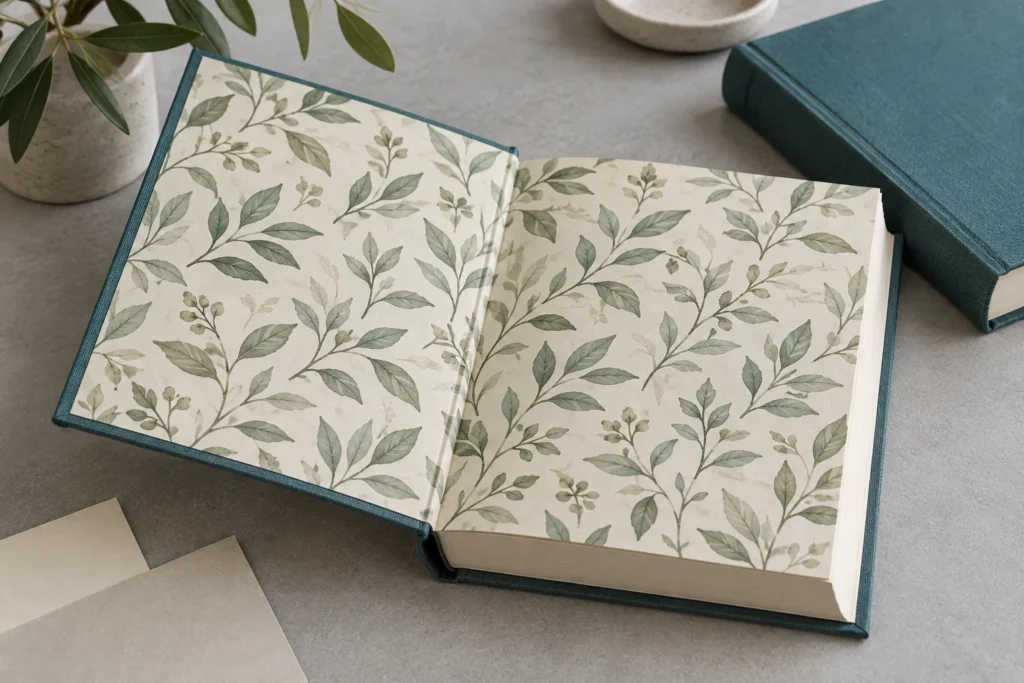 Hardcover book endpapers with cream botanical artwork inside a teal cloth case