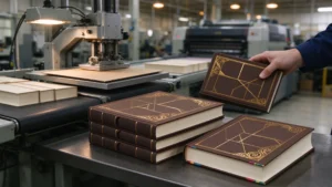 Professional hardcover book manufacturing in China, showing case-bound books in production
